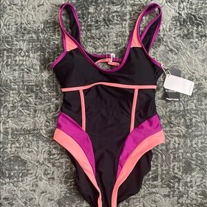 Reebok Black and Pink One-Piece Athletic Swimsuit